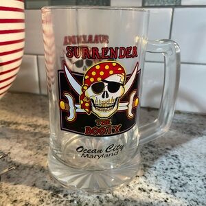 Pirate Themed Glass Mug with Red and Yellow Design beer mug